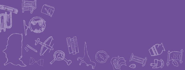 Purple background with various school icons.